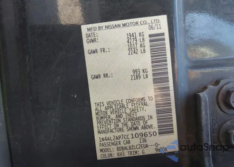 2012 Nissan Altima 2.5 S z USA, uszkodzony, nr VIN 1N4AL2AP7CC109650